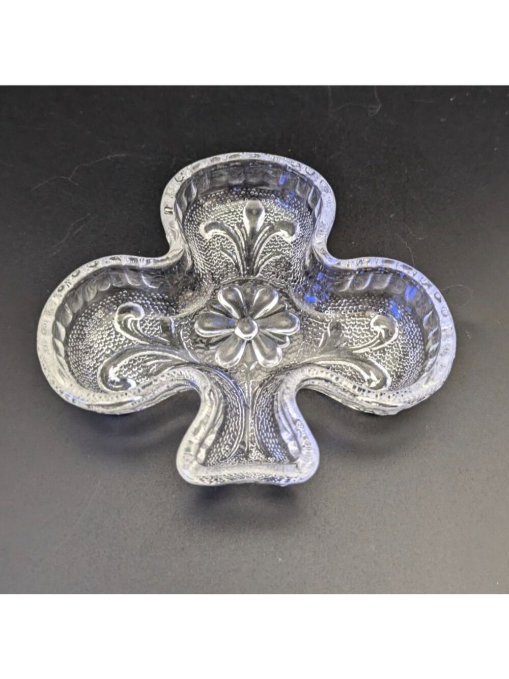 Vintage Card Suit Clubs Glass Nut Dish Ashtray With Floral Design
